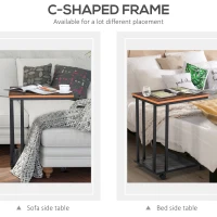 HOMCOM C Shaped Side Table with Wheels, Mobile End Table, Laptop Stand with Metal Frame and Storage Shelf, Rustic Brown(m-5)