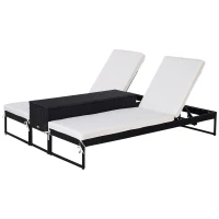 Outsunny Lot de 2 transats bains de soleil design - grand confort - matelas déhoussable crème, inclinaison réglable multi-positions - table basse - résine tressée 4 fils noir(m-1)
