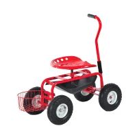 Outsunny Adjustable Rolling Garden Cart Outdoor Gardening Planting Station Trolley Swivel Gardener Work Seat Heavy Duty With Tool Tray & Basket Red 150kg(m-8)
