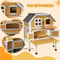 PawHut Outdoor Cat Shelter 2 Tiers Wooden Feral Cat House with Openable Asphalt Roof, Escape Doors, Terrace, for 1-2 Cats(m-6)