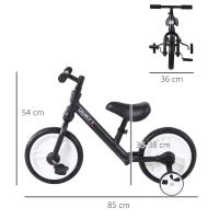 HOMCOM Bicicleta de Equilibrio con Pedales y Ruedas Entrenamiento Extraíbles de Asiento Regulable 33-38cm Niños +24 Meses Carga 25kg Negro(m-3)