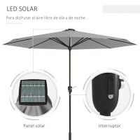 Outsunny Sombrilla de Jardín con Luces LED Solares Ø265x240 cm con Manivela Manual para Terraza Piscina Patio Gris Claro(m-4)