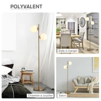 HOMCOM Lampadaire design lampadaire sur pied salon néo-rétro 2 Têtes boules max. 40 W métal doré(m-5)