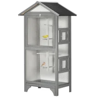 PawHut Wooden Outdoor Bird Cage, for Finches and Canaries, with Removable Tray, Asphalt Roof - Grey(m-1)