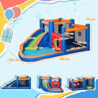Outsunny Castello Gonfiabile per Bambini 3-8 Anni con Scivolo, Trampolino e Piscina, 380x340x170cm(m-3)