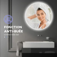 kleankin Miroir rond lumineux LED de salle de bain Ø 80 cm mural avec éclairage interrupteur tactile système antibuée(m-7)