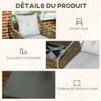 Outsunny Ensemble salon de jardin 3 pièces 2 chaises + table basse polyester résine tressée PE acier gris(m-6)