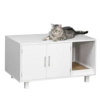 PawHut Wooden Cat Litter Box Enclosure & House with Nightstand/End Table Design, Scratcher, & Magnetic Doors, White(m-11)