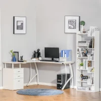 HOMCOM L-Shaped Computer Desk Table with Storage Drawer, Home Office Desk Corner Industrial Style Workstation for A4 Files 143.5 x 143.5 x 76cm, White(m-8)