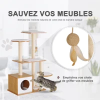 PawHut Arbre à chats design contemporain griffoirs grattoirs sisal naturel centre d'activités niche plate-formes jeu boule suspendue 83L x 75l x 120H cm MDF hêtre clair(m-5)