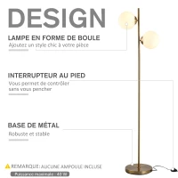 HOMCOM Lampadaire design lampadaire sur pied salon néo-rétro 2 Têtes boules max. 40 W métal doré(m-4)