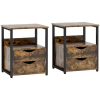 HOMCOM Industrial Side Table Set of 2, Sofa Table with Drawer, Bedside Cabinet with Storage Shelf, Slim Nightstand for Living Room, Bedroom, Rustic Brown(m-1)
