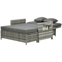 Outsunny Rattan Garden Daybed, Assembled Double Sun Lounger with 5-Level Adjustable Back, Storage Ottoman, Cushions, Pillows and Retractable Trays, Outdoor Loveseat Sofa Bed for Patio, Mixed Grey(m-11)