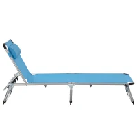 Outsunny Foldable Outdoor Sun Lounger, Reclining Lounge Chair Camping Bed Cot with Pillow 4-Level Adjustable Back Aluminium Frame, Blue(m-7)