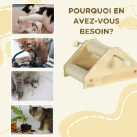 PawHut Griffoir grattoir pour chat 3 rouleaux sisal et 2 pompons sur ressort 40 x 27,5 x 21 cm bois et sisal(m-7)