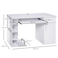 HOMCOM Bureau informatique table d'ordinateur multimédia multi-rangements avec étagère tiroir tablette clavier MDF 120 x 60 x 74 cm blanc(m-3)