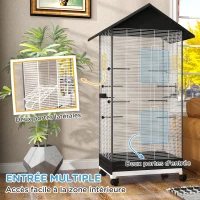PawHut Cage oiseau sur pied volière oiseaux intérieure sur roulettes 2 mangeoires 8 perchoirs 79 x 65 x 155 cm fil d'acier noir(m-6)