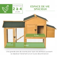 PawHut Poulailler en bois avec porte grillagée, plateau amovible, nichoir, rampe pour 2 à 4 poules 168 x 75 x 103 cm(m-4)