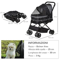 PawHut Passeggino per Cani Piccoli Pieghevole con Maniglione Girevole e Cestino Portaoggetti, Nero(m-3)