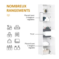 HOMCOM Meuble Colonne Rangement Salle de Bain Style Contemporain 2 placards 3 étagères et tiroir Coulissant Panneaux Particules Blanc(m-5)