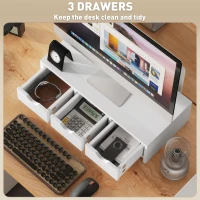 HOMCOM Monitor Stand Riser with 3 Drawers, Monitor Riser for Laptop, Computer, PC, Small Printer, 51 x 24 x 13cm, White(m-4)