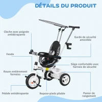 HOMCOM Tricycle Enfants Pare-Soleil Pliable Canne Amovible Benne Rangement 105 x 47 x 98 cm Acier Blanc et Noir(m-7)