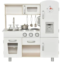 HOMCOM Cocina de Juguete de Madera con Fregadero Cocina de Inducción y Microondas Simulados con Accesorios Incluidos Cocina Infantil para +3 Años 74x30x81 cm Blanco(m-10)