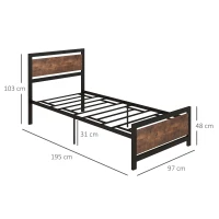 HOMCOM Estructura de Cama de Acero Somier de Cama con Cabecera para Colchón 90x190 cm Carga 150kg 97x195x103 cm Negro y Marrón(m-3)