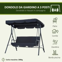 Outsunny Dondolo da Giardino 3 Posti con Tetto Parasole Regolabile e Struttura in Acciaio, 172x110x153cm, Nero(m-4)