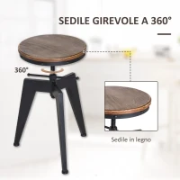 HOMCOM Sgabello da Bar Alto in Stile Industriale Regolabile in Altezza, Metallo e Legno, 39x41x49-64cm Marrone e Nero(m-7)