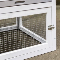 PawHut Clapier cage à lapins cottage - niche supérieure avec rampe et enclos extérieur - plateau coulissant, toit bitumé, 4 portes verrouillables - dim. 128L x 64l x 92H cm bois de sapin blanc gris(m-8)