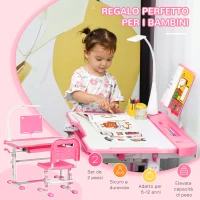 HOMCOM Set Scrivania per Bambini 6-12 Anni con Sedia Regolabile in Altezza, Cassetto, Luce e Piano Inclinabile, Rosa(m-6)