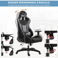 HOMCOM Fauteuil gaming style baquet racing pivotant inclinable avec coussins revêtement synthétique polyester gris noir(m-8)