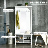HOMCOM Porte-Manteau vestiaire d'entrée avec Banc à Chaussures et Miroir dim. 80L x 40l x 170H cm 4 étagères 4 patères Double Crochet bois Blanc(m-4)