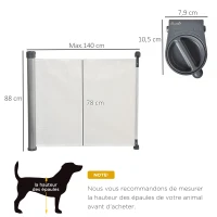 PawHut Barrière animaux rétractable automatique barrière de sécurité enroulable pour escaliers barrière extensible opération à une main dim. 1,4L x 0,88H m aluminium maille PVC blanc(m-3)