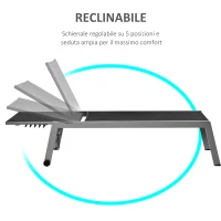 Outsunny Lettino Sdraio Prendisole in Alluminio e Texteline | Schienale Regolabile, Nero e Grigio, 2 Ruote | 169 x 65 x 102cm(m-4)