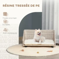 PawHut Canapé chien chat lit pour animaux de compagnie panier en résine tressée imitation rotin PE coussin moelleux 70,5 x 40 x 37,5 cm gris clair blanc(m-4)