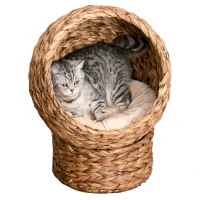 PawHut Woven Banana Leaf Elevated Cat Bed Wicker Kitten Basket Pet Den, House Cosy Cave with Soft Cushion Dome 50x42x60cm Brown(m-11)