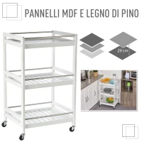 HOMCOM Carrello da Cucina Portavivande in Legno con 3 Ripiani e Ruote, 45x38x78cm, Bianco(m-5)