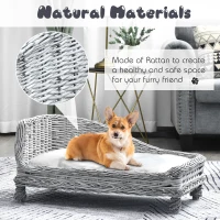 Pawhut Wicker Dog Cat Bed Kitten Lounger  Pet Bed Rattan Willow Basket Soft Cushion Lightweight 69 x 42 x 33 cm Grey(m-5)