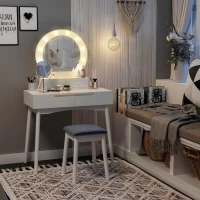HOMCOM Dressing Table Set with LED with Table Stool Table Stool Set Makeup Dresser Desk with 4 Drawers for Bedroom White(m-2)