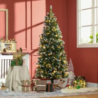 HOMCOM Sapin de Noël artificiel lumineux 703 branches 250 LED 30 pommes de pin support pied pliable hauteur 180 cm Ø 80 vert(m-2)