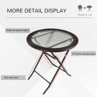 Outsunny Folding Rattan Garden Dining Table, 68 cm Round Rattan Garden Table with Water Ripple Tempered Glass Top, Wicker Edging  and Steel Frame for Outdoor, Patio, Brown(m-5)