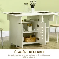 HOMCOM Table de salle à manger pliable, table pliante sur roulettes avec compartiments placard étagère 115 x 73 x 76 cm blanc(m-7)