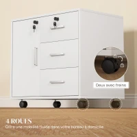 HOMCOM Caisson bureau meuble de rangement verrouillable avec 3 tiroirs et étagère réglable, roulettes, 40 x 60 x 56 cm, blanc(m-7)