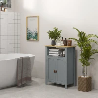 kleankin Meuble bas de salle de bain multi-rangements grande niche placard double porte gris et naturel(m-7)