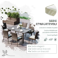 Outsunny 7 pz Set da Pranzo da Giardino Tavolo da Esterno con 6 Sedie, Mobili da Giardino in Rattan PE e Acciaio con Cuscini Lavabili, Marrone e Crema(m-4)