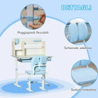 HOMCOM Banco Scuola con Sedia per Bambini 3-12 Anni, Altezza Regolabile e Piano Inclinabile, Azzurro(m-7)