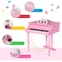 HOMCOM Piano à queue enfant en bois Piano enfant clavier de piano 30 touches - tabouret et pupitre inlus - Instrument de Musique - MDF rose(m-4)