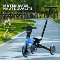 HOMCOM Tricycle bébé évolutif 4 en 1 pour Enfants vélo draisienne avec poignée de poussée réglable, Repose-Pieds Amovible pour 18-48 Mois, Bleu(m-7)